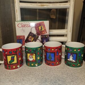 Vintage Set Of 4 Festive Holiday Mugs New Still In Box